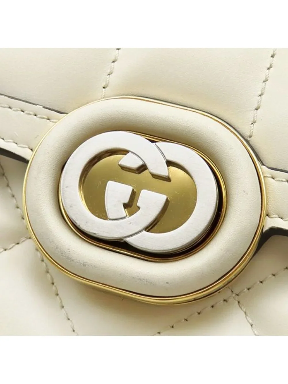 Gucci 2-Way Bag Deco Leather Chain Shoulder Ivory Gold White Silver